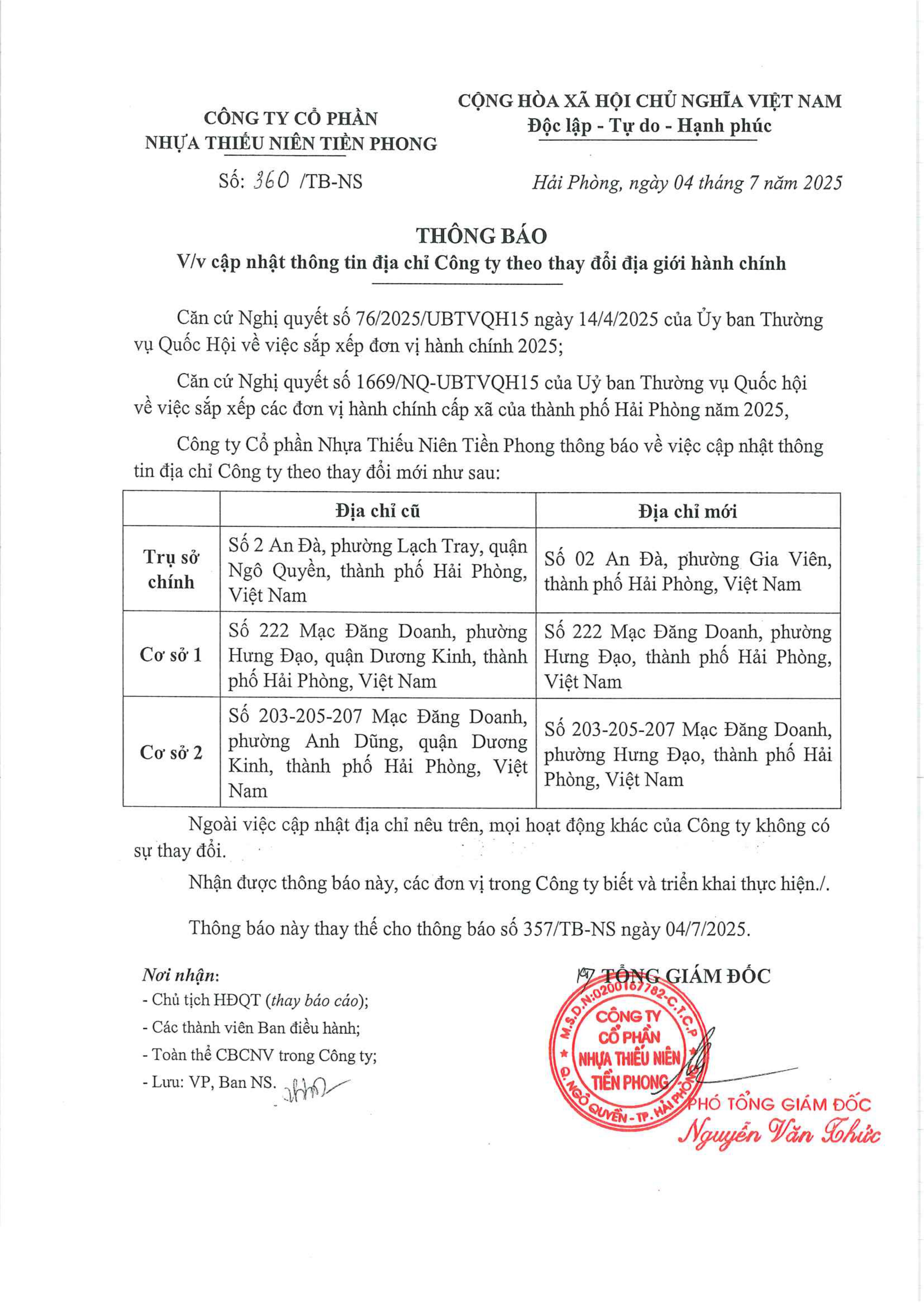 Công ty Cổ phần Nhựa Thiếu niên Tiền Phong thông báo V/v cập nhật thông tin địa chỉ Công ty theo thay đổi mới.